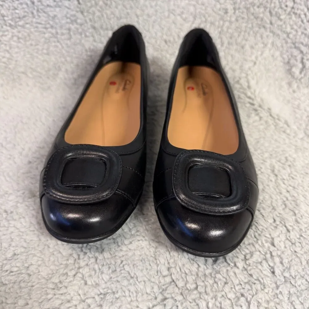CLARKS Un Blush Cove Leather Pumps Womens 7.5 Black Low Heel Slip On Shoes